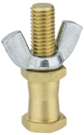 Lähikuva Kupo KS-018H Hex 16mm Stud with M10 Thread, jossa on messinkipultti, kuusiomutteri ja hopeinen siipimutteri kiinnitettynä kierteiseen päähän.