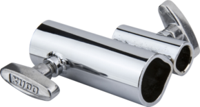 Shiny, chrome-plated Kupo KS-201 Junior to Baby adapter (1-1/8" female to 5/8" female) with hollow slots and marked valve handles, designed for secure attachment and connection of lighting fixtures.