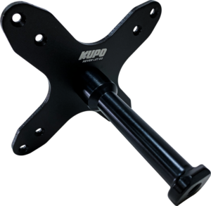 800q-01_119562 The Kupo KS-229 VESA Monitor Mounting Plate with Baby Pin is a black metal adapter featuring several screw holes, a cylindrical extension arm and the text "KUPO NEVER LET GO" for the secure mounting of monitors or screens.