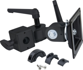 The Kupo KS-308 Monitor Arm With Baby Receiver features black adjustable brackets with lever arms, screws and curved plastic clips for mounting devices to flat surfaces or poles. All components are shown on a plain base.