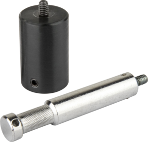 800q-01_119566 Kupo KS-345 Painters Pole Adapter, a cylindrical black metal piece with a screw head and side hole, is placed behind a shiny silver-coloured metal tool with a textured handle, side hole and head screw on a plain base.