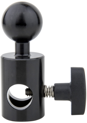 800q-01_119573 The KUPO KS-415 ball head features a black metal construction with a round top ball, a cylindrical 5/8" (16 mm) Baby Receiver mount with a through-hole, and a spring-loaded side knob for secure tightening or loosening.