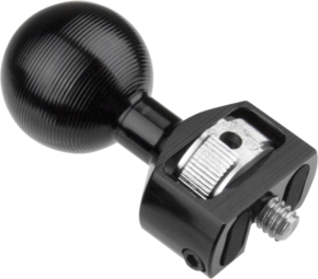 800q-01_119577 KUPO KS-425 Dia. 26mm Ball with 1/4''-20 Anti-Slip Screw is a black metallic fastener with a round, textured ball and a silver clamping mechanism with a screw thread for attaching accessories.