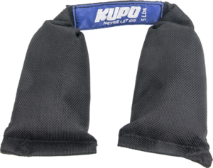 800q-01_119602 The Kupo KSW-10 Wrap & Go Shot Bag 4.6kg is a black canvas saddlebag style weight with two interconnected bags and the blue KUPO NEVER LET GO logo on the handle.