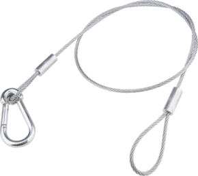 800q-01_119611 KUPO SW-01 is a 75 cm long, 3.5 mm diameter steel wire with a loop at one end and a metal carabiner clip at the other, ideal for attaching objects.
