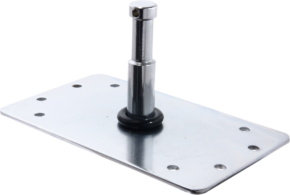 800q-01_119628 Kupo KS-046 3" Baby Wall Plate is a rectangular metal plate with rounded corners, eight holes and a vertical cylindrical rod fixed in the middle with a round black seal at the bottom.