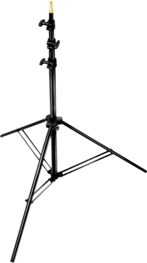 800q-01_120718 KUPO 034 Mini Kit Stand is a black adjustable tripod tripod light stand with three legs and a central pole for mounting studio lights or equipment, shown isolated on a white base.