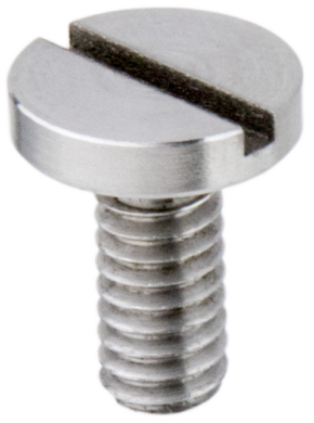 800q-01_120738 Close-up of the Kupo KS-165 1/4"-20-14x17 camera screw with a flat, round grooved head for a flat-head screwdriver and a visible threaded shaft against a plain background.