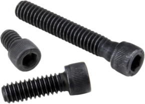 800q-01_120741 Three Kupo KS-171 3/8"-16 black socket head cap screws of different lengths are placed on a light background.