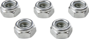 800q-01_120742 A set of five Kupo KS-176 Nylon Locking Nuts for 1/4''-20 with threaded holes are arranged loosely on a white background.