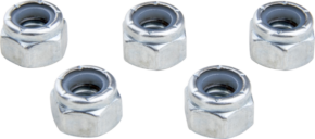 800q-01_120743 A set of five Kupo KS-177 Nylon locknuts 3/8"-16 are arranged in a row on a white background.