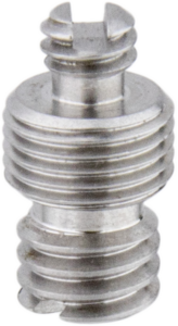 800q-01_120744 Lähikuva Kupo KS-183 3/8"-16 M-M10-1/4"-20 urossovittimesta, metallisesta ruuvista, jossa on kaksoiskierre ja urainen pää eri kierrekokoja käyttävien laitteiden liittämiseen.