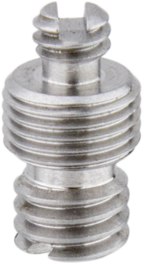 800q-01_120744 Close-up of the Kupo KS-183 3/8"-16 M-M10-1/4"-20 male adapter, a metal screw with a double thread and a grooved end, designed for connecting devices that use different thread sizes.