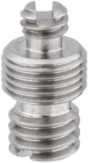 800q-01_120744 Lähikuva Kupo KS-183 3/8"-16 M-M10-1/4"-20 urossovittimesta, metallisesta ruuvista, jossa on kaksoiskierre ja urainen pää eri kierrekokoja käyttävien laitteiden liittämiseen.