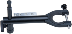 800q-01_120746 The Kupo KS-252 Steadicam Sled Docking Holder Baby Receiver is a black metal mount with cylindrical arms and adjustment knobs, attached to a silver rectangular plate with four holes for secure attachment.