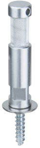 Lähikuva Kupo KS-286 16mm Baby Pin with Screw for Wood, jossa on rullattu sylinterimäinen kahva, sileä pyöristetty pää, jossa on reikä, aluslevy ja kierretty ruuviakseli alareunassa.