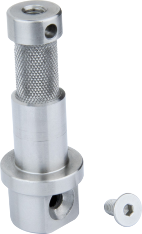 800q-01_120754 Kupo KS-346 5/8" (16mm) Baby Stud for Rock's Arm on metallinen sylinterimäinen työkalu, jossa on nupukoitu kahva, tasainen pyöreä pohja ja useita reikiä, kuvassa pienen kuusiokoloruuvin vieressä tavallisella pohjalla.