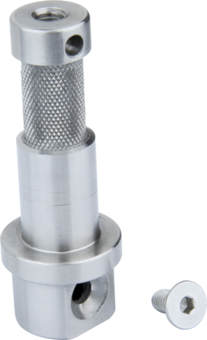 Kupo KS-346 5/8" (16mm) Baby Stud for Rock's Arm is a metal, cylindrical tool with a knurled handle, a flat round base and several holes; pictured here next to a small hexagon socket screw with a standard base.