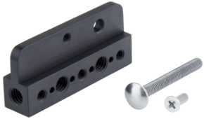 800q-01_120764 The KUPO KS-710 Side Mount Bracket is a black rectangular metal bracket with multiple threaded holes, shown next to one large and one small silver screw on a light background.