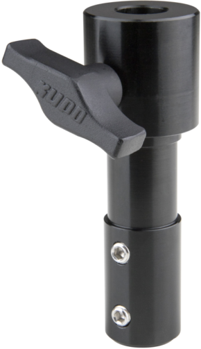 800q-01_121299 The KS-202B Double End TVMP Spigot with 17 mm receiver (black) includes a sturdy, adjustable clamp and a large wing handle for attaching or locking to rods or poles.