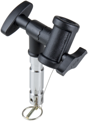 Kupo KS-207 Swivel Junior Receiver Adapter on musta ja hopeinen metallisovitin, jossa on T-kahva, kiristysnuppi ja alareunassa olevalla lankalenkillä kiinnitetty turvatappi.