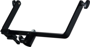 800q-01_121402 The KUPO KS-640 Amaran P60C Yoke with V-Lock Base & 3-Way Mount Baby Adapter is a black metal bracket with an adjustable clamp and two padded end handles to hold or secure objects safely.