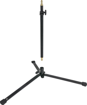Kupo 013 Folding Base Mini Stand -jalusta, musta, on esitetty purettuna, ja sen keskeinen pystytolppa on erotettu kokoontaitettavasta jalka-alustasta.