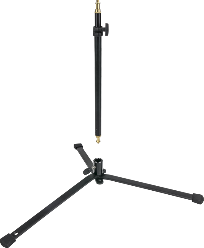 800q-01_122479 Kupo 013 Folding Base Mini Stand -jalusta, musta, on esitetty purettuna, ja sen keskeinen pystytolppa on erotettu kokoontaitettavasta jalka-alustasta.