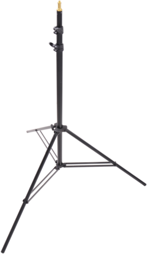 800q-01_122484 KUPO 023 Midi Pro Stand on musta, säädettävä kolmijalkainen valoteline, jossa on kolme pidennettyä jalkaa ja metallinen kiinnityskärki yläosassa, kuvassa valkoisella pohjalla.