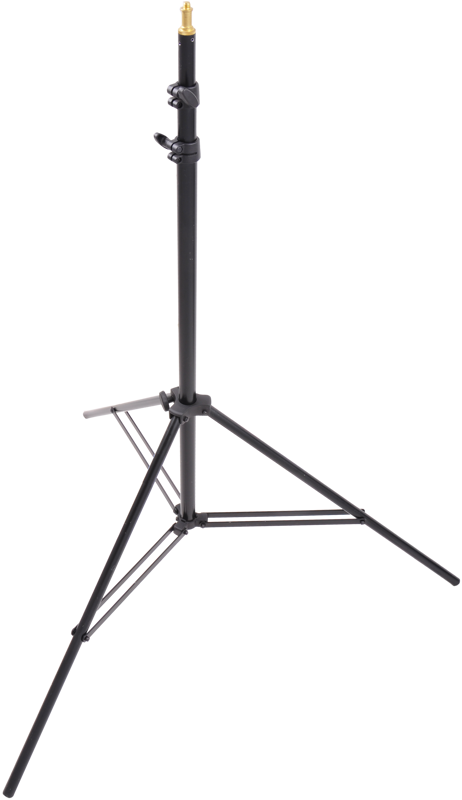 800q-01_122484 KUPO 023 Midi Pro Stand on musta, säädettävä kolmijalkainen valoteline, jossa on kolme pidennettyä jalkaa ja metallinen kiinnityskärki yläosassa, kuvassa valkoisella pohjalla.