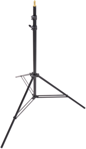 KUPO 023AC Midi Pro Stand with Air Cushion on musta, säädettävä kolmijalkainen valaisinjalusta, jossa on kolme jalkaa ja metallinen kiinnityspiste ja joka on suunniteltu valaisulaitteiden tukemiseen.