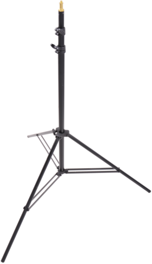 KUPO 023AC Midi Pro Stand with Air Cushion on musta, säädettävä kolmijalkainen valaisinjalusta, jossa on kolme jalkaa ja metallinen kiinnityspiste ja joka on suunniteltu valaisulaitteiden tukemiseen.