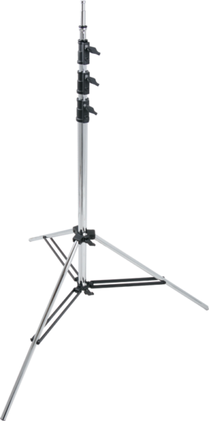 800q-01_122494 Kupo 145M Heavy-Duty Baby Stand on hopeanvärinen metallinen valoteline, jossa on kolme säädettävää osaa, mustat kiristysnupit ja kolme levennettyä jalkaa vakauden takaamiseksi, kuvassa valkoista taustaa vasten.