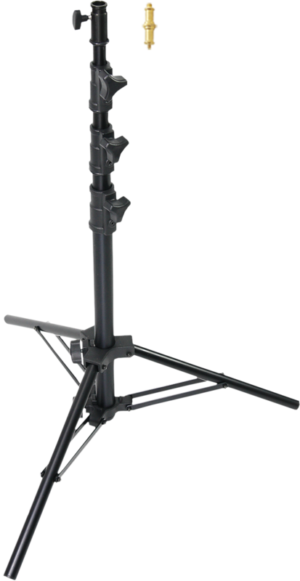 800q-01_122497 The KUPO 175M Master Shorty Stand is a black adjustable tripod light stand with three folding legs, a retractable centre pole and a brass mounting pin at the top, shown against a light background.