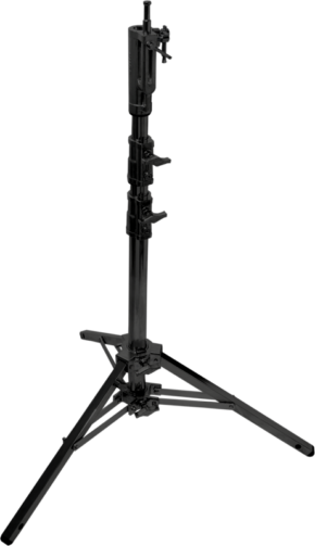 The Kupo 310M Low Mighty Stand in black, with three sturdy angled legs and several locking brackets, is shown on a light grey background.