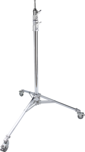 Kupo 320M Baby Roller Stand on hopeanvärinen metallinen valoteline, jossa on kolme pyörillä varustettua jalkaa, säädettävät korkeusosat ja lukitusmekanismi.
