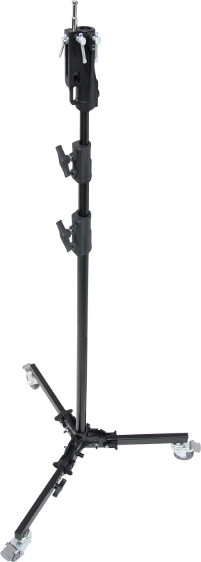 Kupo 360M Aluminum Studio Stand on musta säädettävä kolmella lukittavalla kiinnikkeellä ja pyörillä varustettu kolmijalkainen jalusta, joka on ihanteellinen valojen ja kameroiden kaltaisten laitteiden tukemiseen.