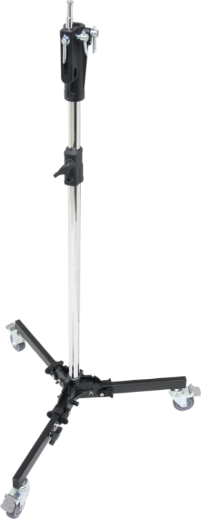 Kupo 380M Steel Studio Stand on metallinen kolmijalka, jossa on säädettävä korkeus ja kolme liikuteltavaa pyörää, kuvassa vaaleanharmaalla pohjalla.