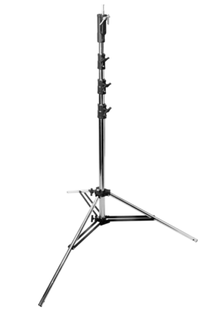 800q-01_122511 The Kupo 653MR Steel Senior Stand is a silver-coloured, adjustable metal tripod stand with three extended legs and several locking brackets, shown against a white background.