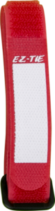 The red KUPO EZ-Tie cable grip 2cm x 41cm has a white label area and a plastic loop at the bottom, perfect for organizing cables or attaching objects. Sold in packs of 10.