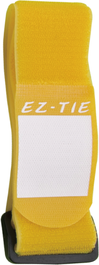 800q-01_122533 Keltainen KUPO EZ-Tie -kaapelikahva (5cm x 60cm), jossa on merkintä EZ-TIE ja sen alla tyhjä valkoinen suorakulmainen tila, joka on suunniteltu tavaroiden järjestämiseen tai kiinnittämiseen. Pakkaus sisältää 5 kappaletta.