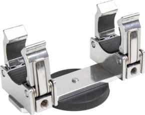 800q-01_122604 The KUPO KCP-387 Universal Single LED Tube Holder With Magnet is a metal and plastic tool with two adjustable spring-loaded holders and a round black magnetic base to hold objects securely in place.