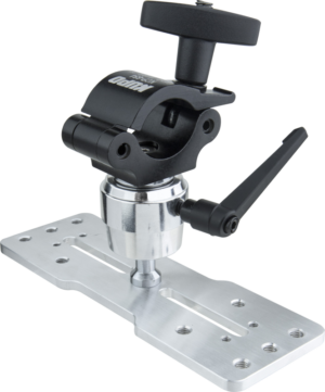 800q-01_122627 Kupo KCP-654 2" Coupler features a swivel camera mounting plate with adjustable knobs and a flat base plate with multiple holes for versatile mounting.