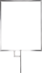 800q-01_122653 Kupo KCP-FF1824 18 "x24" litteä lippukehys on suuri, tyhjä neliön muotoinen metallikehys, jossa on ohut keskitanko ja pieni L-muotoinen metallituki alla, kuvassa valkoista taustaa vasten.