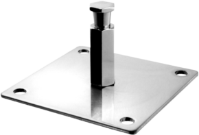 800q-01_122706 The Kupo KS-011 100mm Square Mounting Plate has four corner holes and a raised hexagonal post in the centre, fitted with a smaller hexagonal cap, all with a polished, reflective metal finish.