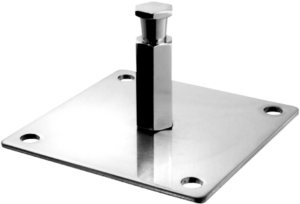 800q-01_122706 Kupo KS-011 100mm Square Mounting Plate -levyssä on neljä kulmareikää ja keskellä korotettu kuusikulmainen pylväs, jossa on pienempi kuusikulmainen korkki, kaikki kiillotetulla, heijastavalla metallipinnalla.