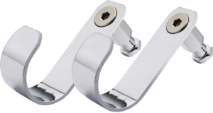Kaksi Kupo KS-012 Swivel U-koukkua, joissa on kiiltävä metallinen viimeistely, moderni kaareva muotoilu ja kuusikulmaiset kiinnityspultit, on esillä valkoista taustaa vasten.