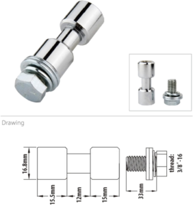 800q-01_122709 Kupo KS-013F 17mm Spigot, kromattu, 3/8 "-16 naaraskierteellä on kuusiokolopulttipää ja lieriömäinen runko. Kuvattu koottuna/purettuna; tekniset piirustustiedot: 16,8mm halkaisija, 33mm pituus ja muut mitat.