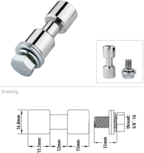 800q-01_122709 Clutch KS-013F 17mm Spigot, chrome plated, 3/8"-16 female thread with hex head and cylindrical body. Shown assembled/unassembled; technical drawing data: 16.8mm diameter, 33mm length and other dimensions.