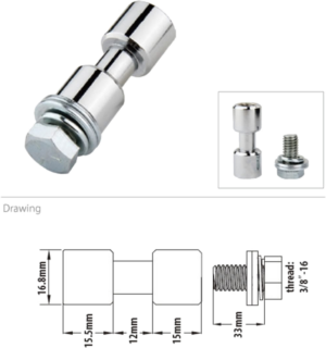 800q-01_122709 Kupo KS-013F 17mm Spigot, kromattu, 3/8 "-16 naaraskierteellä on kuusiokolopulttipää ja lieriömäinen runko. Kuvattu koottuna/purettuna; tekniset piirustustiedot: 16,8mm halkaisija, 33mm pituus ja muut mitat.